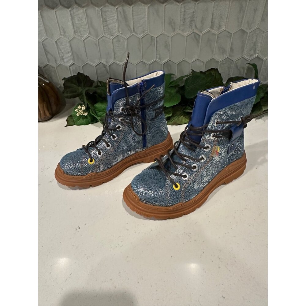 TMA Turquoise Blue Lace-Up Boots With Brown Sole & Side Zipper